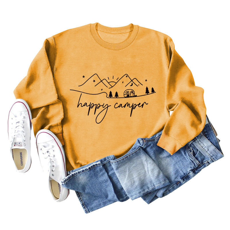 Happy Camper Letter Printing Fashion Long Sleeve Round Neck Loose Sweater