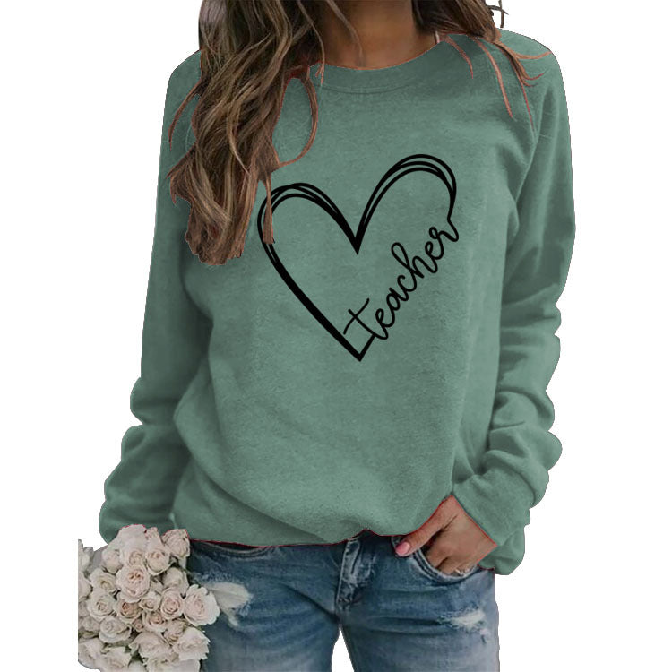 Teacher Heart Letters Round Neck Loose Bottoming Large Size Long-sleeved Sweater Women