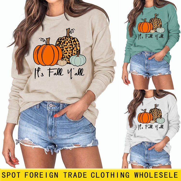 It's Fall Y'all Leopard Print Letter Print Round Neck Loose Fashion Long Sleeve Sweater