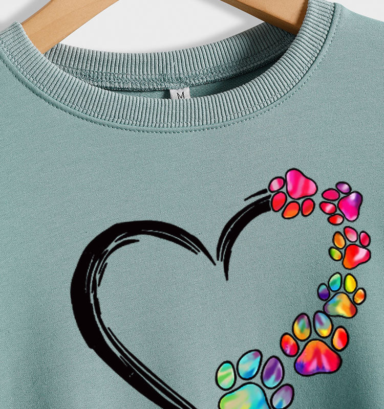 Autumn and Winter Ladies Tops Heart Dog footprint Print Sweatshirt
