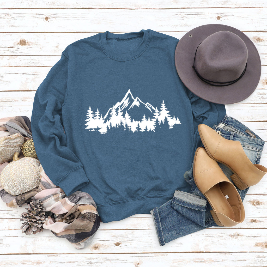 Mountain Pine Loose Print Round Neck Long Sleeve Women's Sweater
