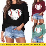 Love Baseball Print Round Neck Large Casual Long Sleeve Women's Sweater