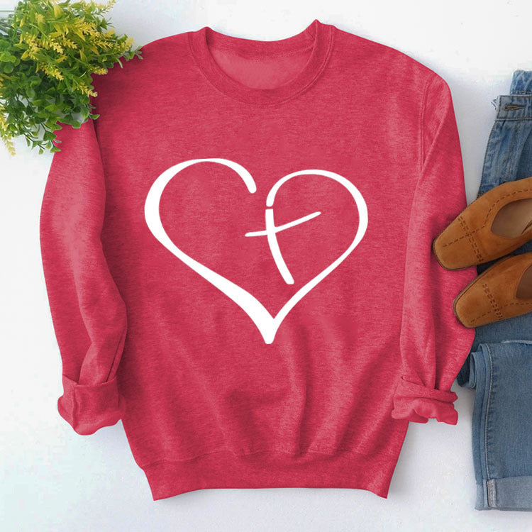 Womens Round Neck Tops Long Sleeve Heart Shape Print Loose Sweatshirt