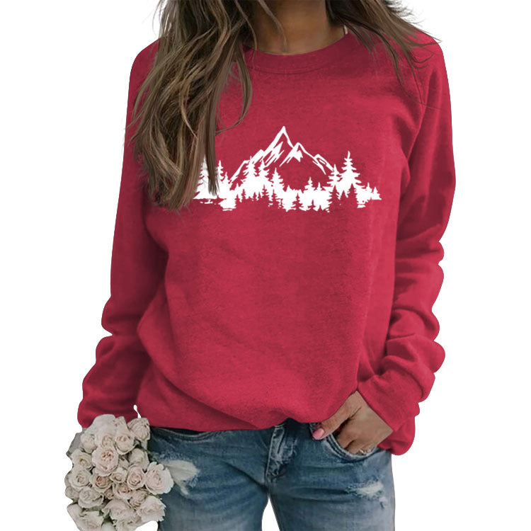 Mountain Pine Loose Print Round Neck Long Sleeve Women's Sweater