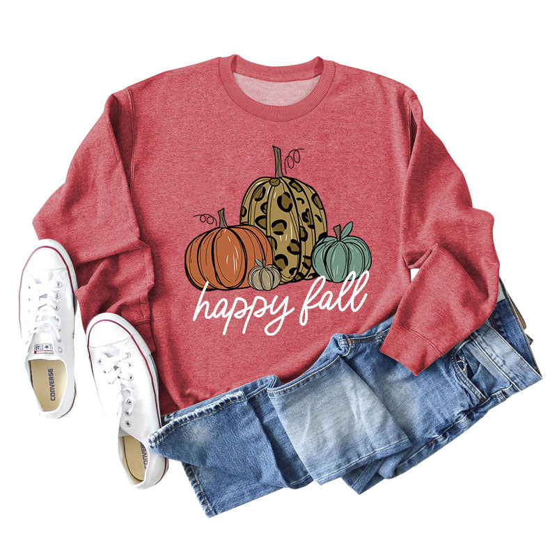 Happy Fall Pumpkin Letter Print Halloween Fall and Winter Round Neck Long Sleeve Sweater Women