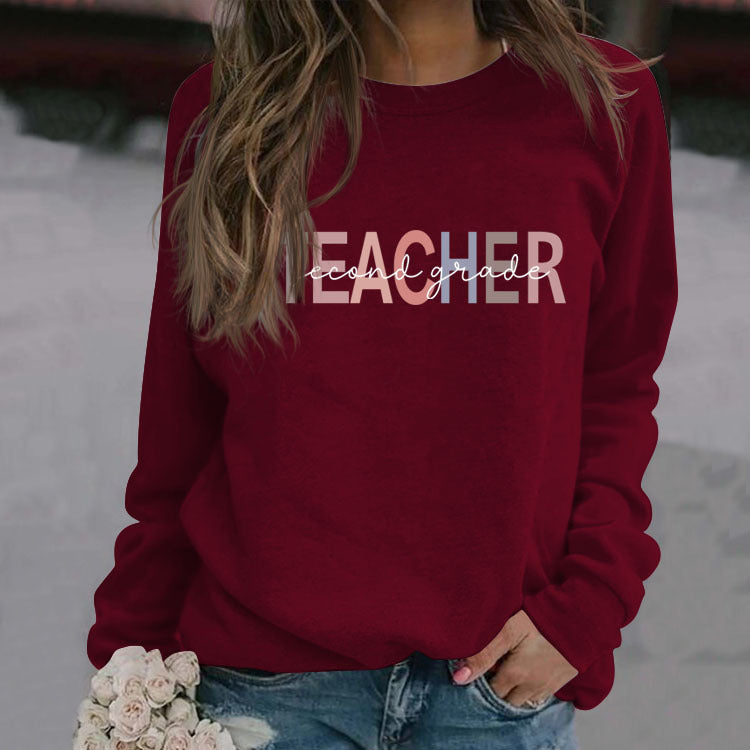 TEACHER SECOND GRADE Letters Round Neck Fashion Long-sleeved Sweater Female