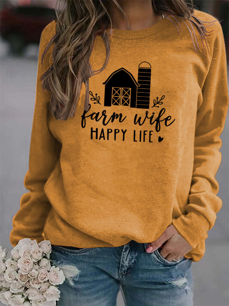 Farm Wife HAPPY Round Neck Women Long Sleeve Printed Sweater