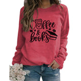 Coffee Books Letters Fashion Loose Large Size Long Sleeve Round Neck Sweater Women