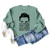 I'M TRYING VERY HARD Letters Round Neck Print Long-sleeved Large Size Sweater