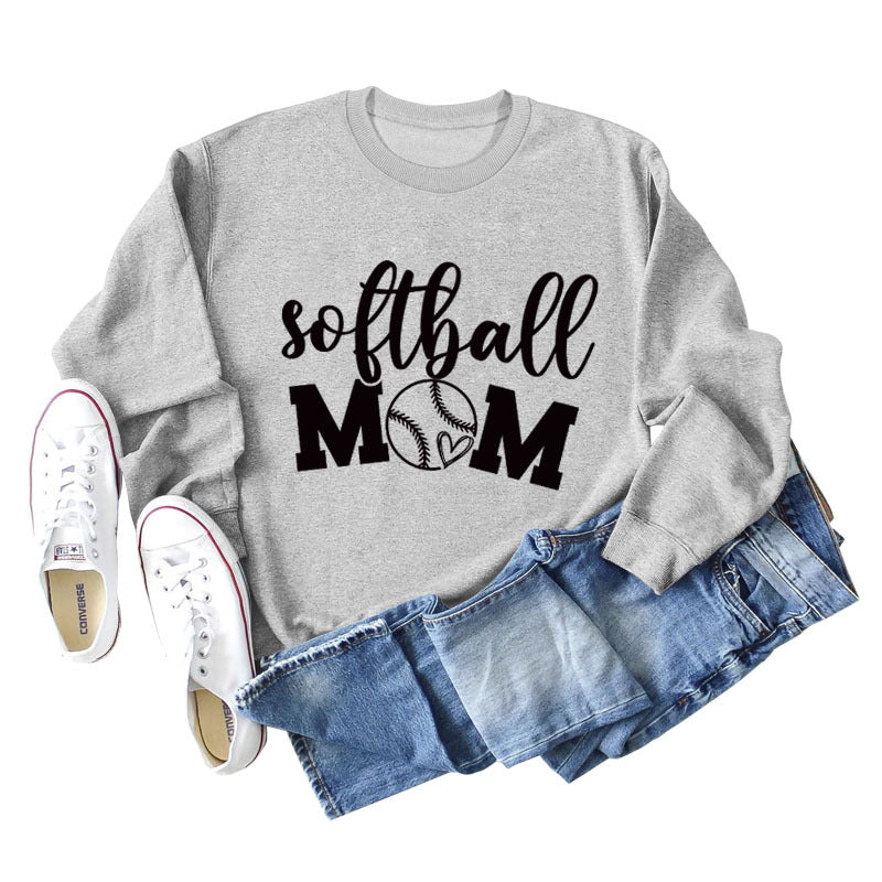 Softball Mom Heart Letters Fashion Loose Long-sleeved Round Neck Sweater