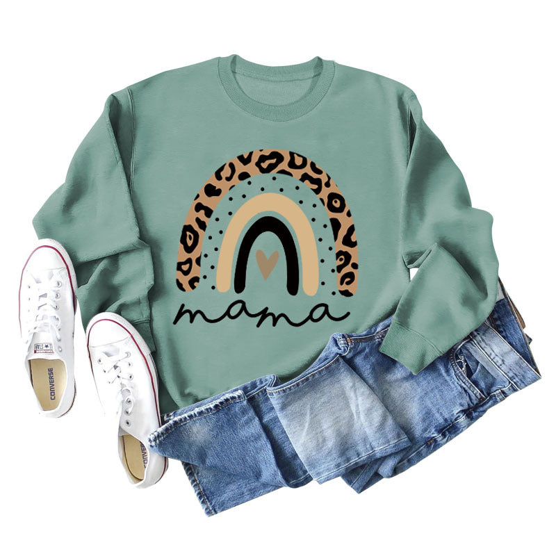 Mama Love Rainbow Leopard Print Backing Long Sleeve Round Neck Loose Sweatshirt