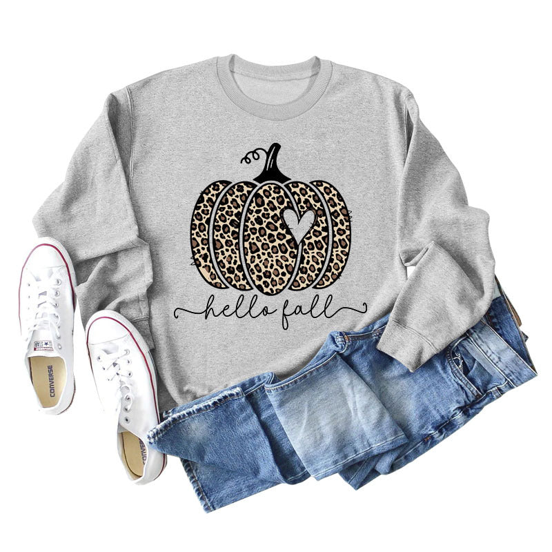 Hello Fall Leopard Print Pumpkin Letters Thanksgiving Day Long Sleeve Plus Size Sweatshirt
