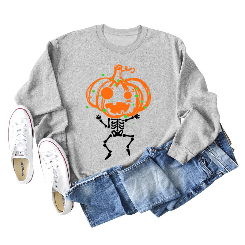 Pumpkin Skull Print Crew Neck Base Long Sleeve Ladies Sweater