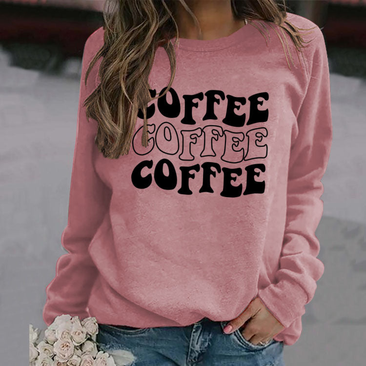 Round Neck Letter COFFEE Tops Women Long-sleeved Printed Loose Sweatshirt