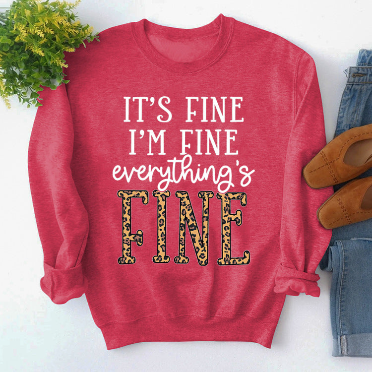 Round Neck Loose Letter Print Sweatshirt IT'S Fine I'M Fine Women
