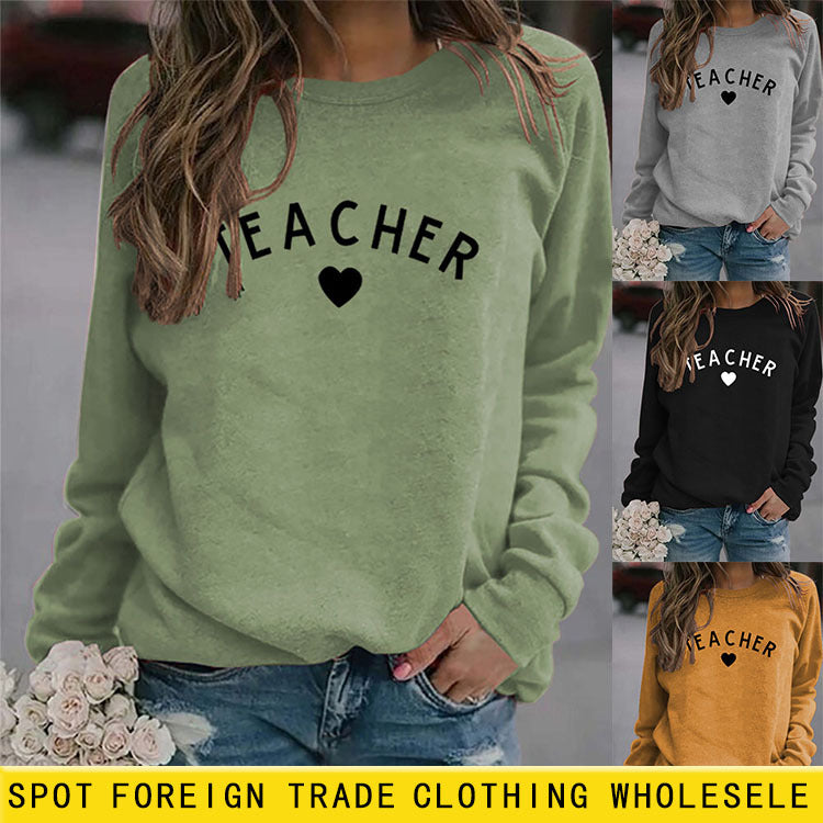 TEACHER Round Neck Womens Long Sleeve Print Letters Loose Sweater