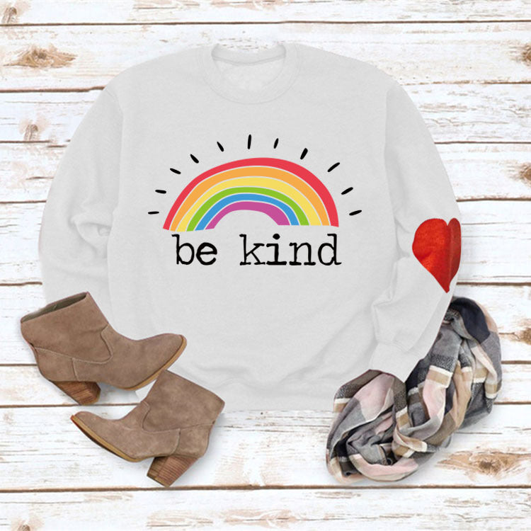Be Kind Rainbow Letters Loose Autumn and Winter Bottoming Round Neck Long Sleeve Heart Sweater