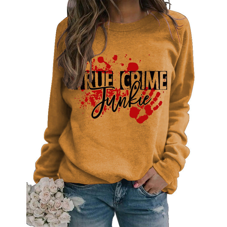 Pullover Letter Print Sweatshirt True Crime Junkie Loose Round Neck for Women