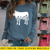 Women's Autumn and Winter Long-sleeved Shirt Flowers and Grass Cattle Print Round Neck Loose Sweater