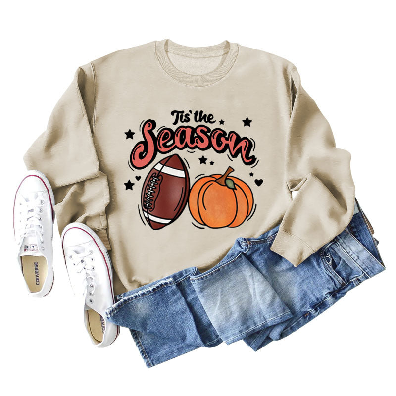 Tis' The Season Pumpkin Letters Halloween Loose Round Neck Long Sleeve Sweater Women
