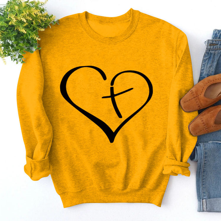 Womens Round Neck Tops Long Sleeve Heart Shape Print Loose Sweatshirt