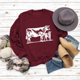Womens Long-sleeved Cow-print Round Neck Loose T-shirt Sweatshirt