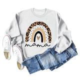 Mama Love Rainbow Leopard Print Backing Long Sleeve Round Neck Loose Sweatshirt
