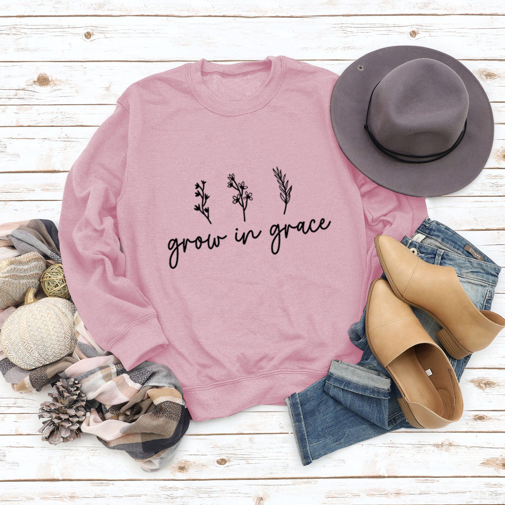 Grow In Grace Lettering Fashion Women's Long-sleeved Crewneck Sweatshirt