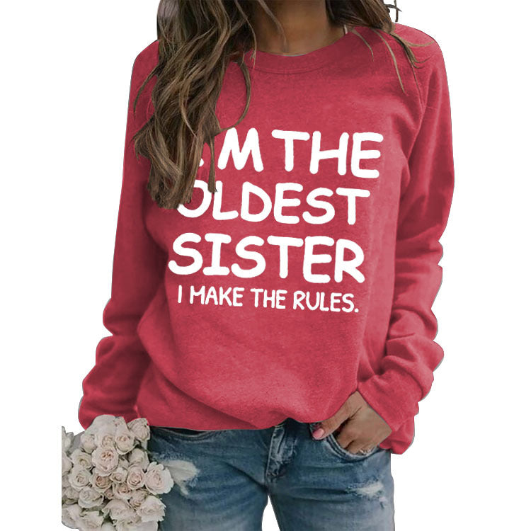 Round Neck Letter Fashion Women Long Sleeve I'M THE OLDEST SISTER Loose Print Sweatshirt