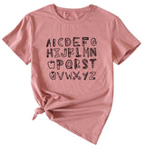 ABCDEFGHIJKIMMN Letter Print Women's New Crewneck Short Sleeve Shirt for Summer