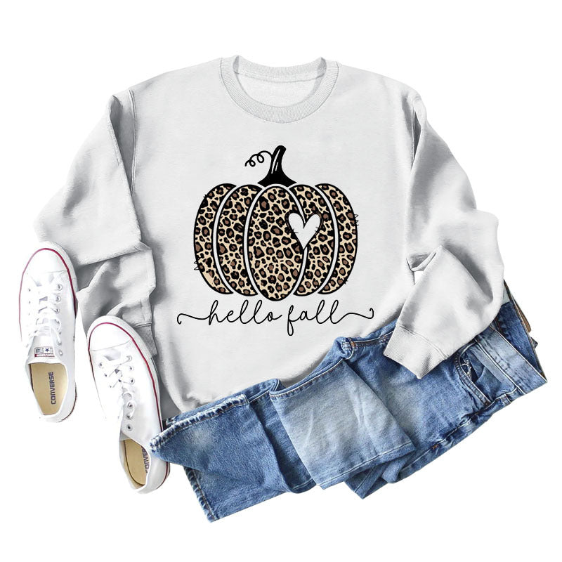 Hello Fall Leopard Print Pumpkin Letters Thanksgiving Day Long Sleeve Plus Size Sweatshirt
