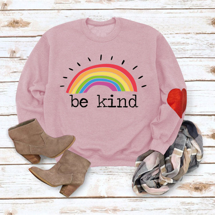 Be Kind Rainbow Letters Loose Autumn and Winter Bottoming Round Neck Long Sleeve Heart Sweater