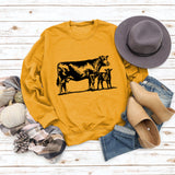 Womens Long-sleeved Cow-print Round Neck Loose T-shirt Sweatshirt