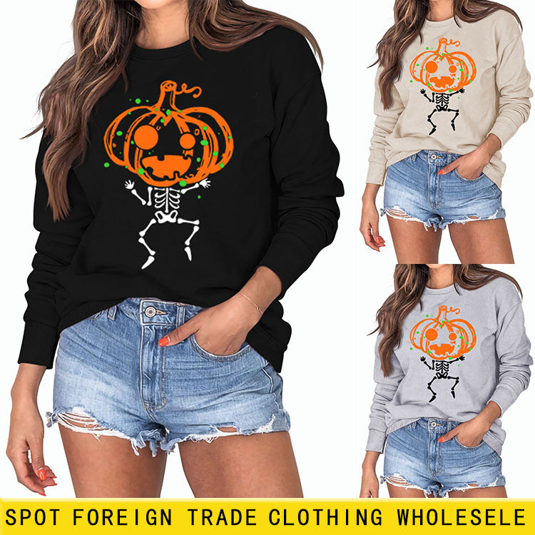 Pumpkin Skull Print Crew Neck Base Long Sleeve Ladies Sweater