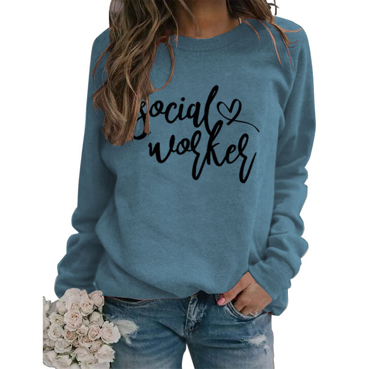 Social Worker Round Neck Fashion Large Size Ladies Long Sleeve Loose Print Sweater