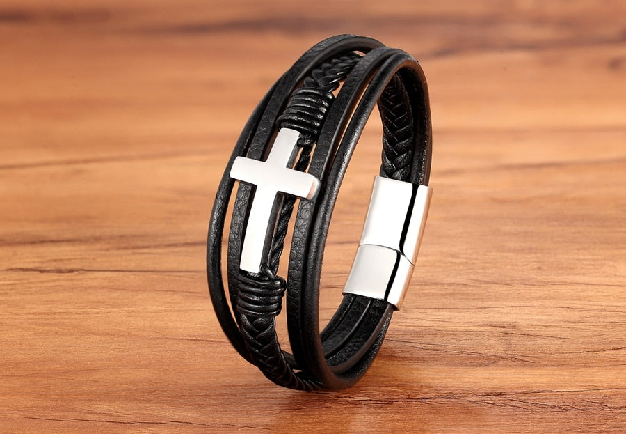 Luxury Multicolor Cross Design Classic Stainless Steel Mens Leather Bracelet 19/21/23 cm Choose Handsome Mens Christmas Gifts